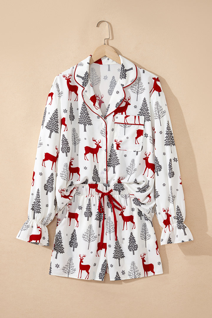 White Christmas Fashion Print Velvet Trim Bow Knot Pajama 2pcs Short Set