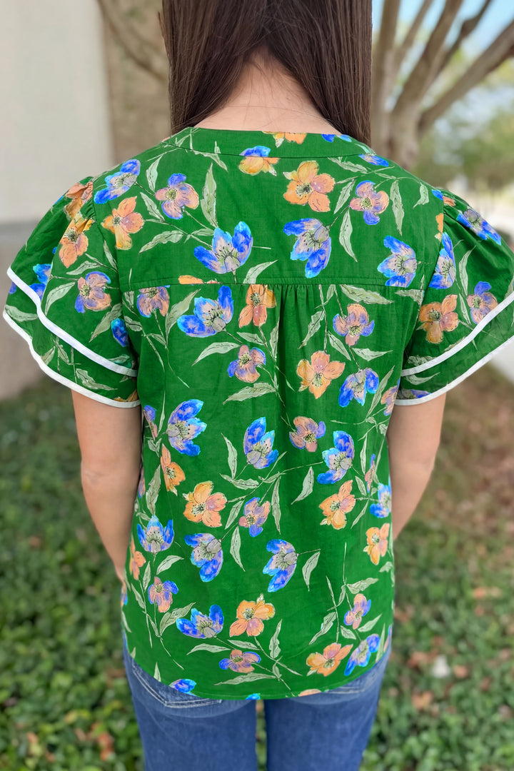 Green Plus Size Ruffled Short Sleeve Floral Top