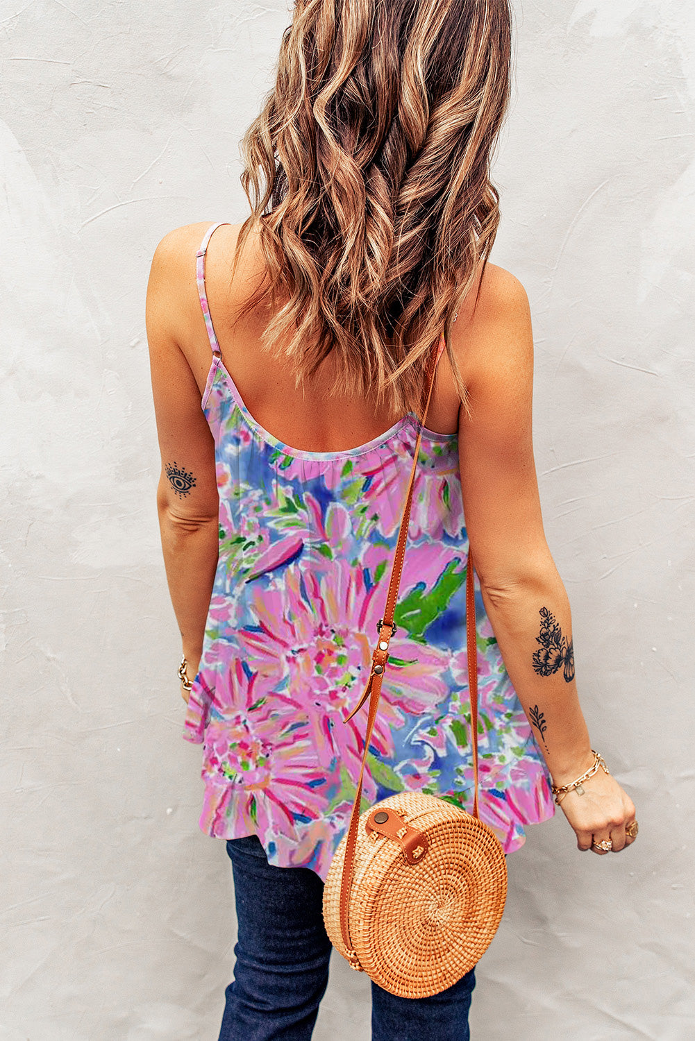 Pink Abstract Floral Print Loose Fit Spaghetti Strap Tank Top