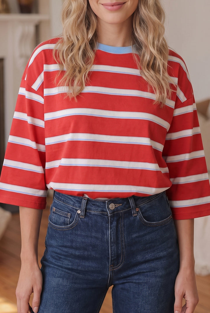 Racing Red Striped Bow Tie Hollowed Back 7/8 Sleeve Casual T-Shirt