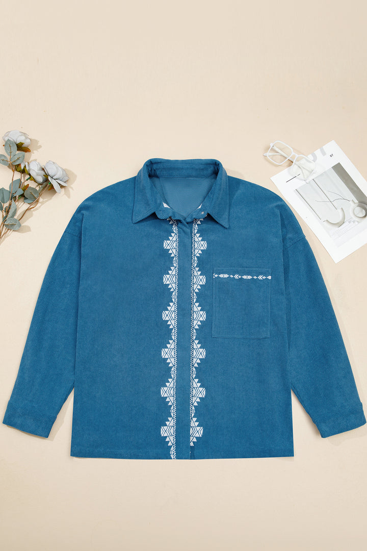 Blue Embroidered Corduroy V-Neck Long Sleeve Plus Size Shirt