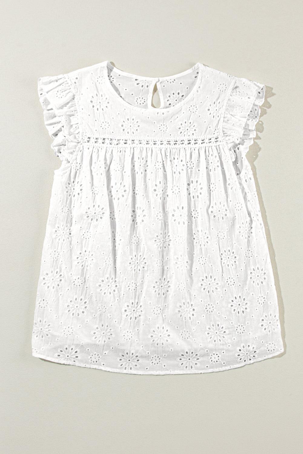 White Eyelet Embroidered Ruffled Flutter Sleeve Blouse