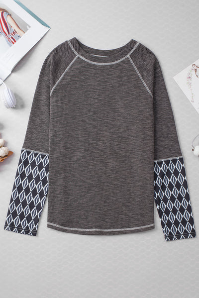 Gray Aztec Patchwork Ribbed Long Sleeve Top