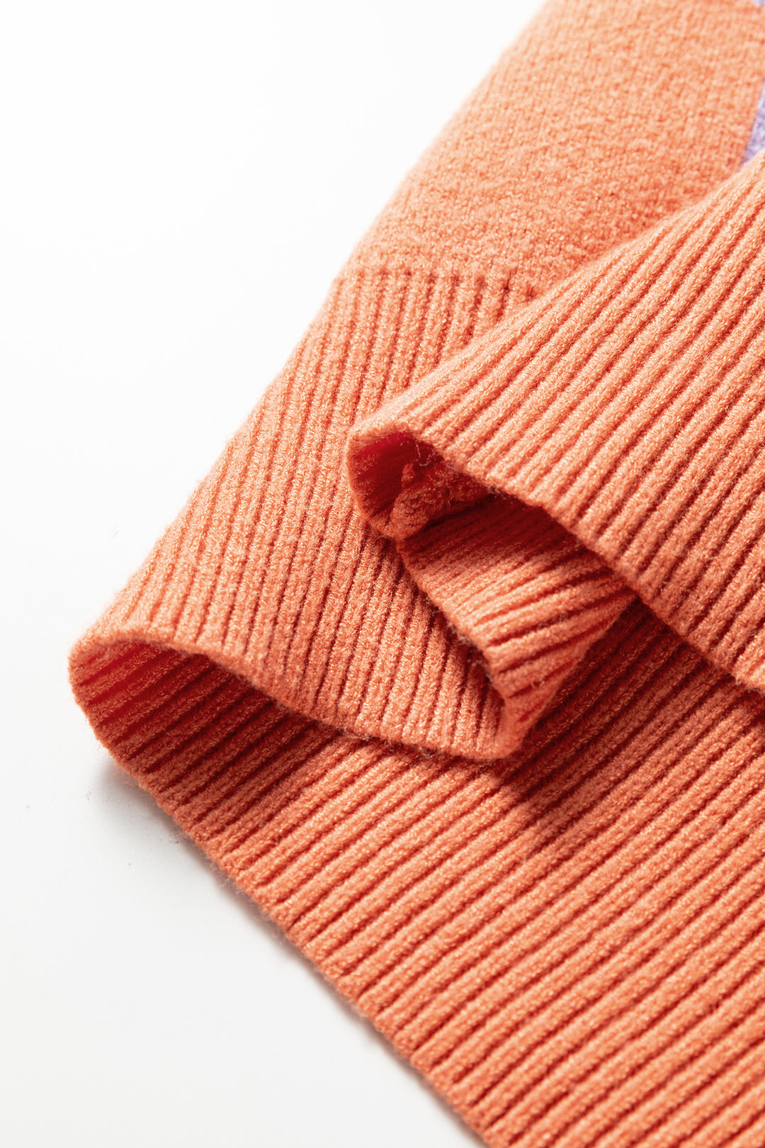 Grapefruit Orange Checkered Pattern Ribbed Trim Knit Baggy Sweater
