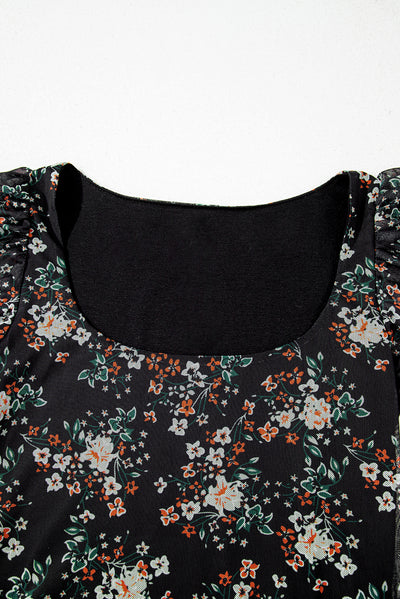 Black Floral Print U Neck Short Puff Sleeve Bodysuit