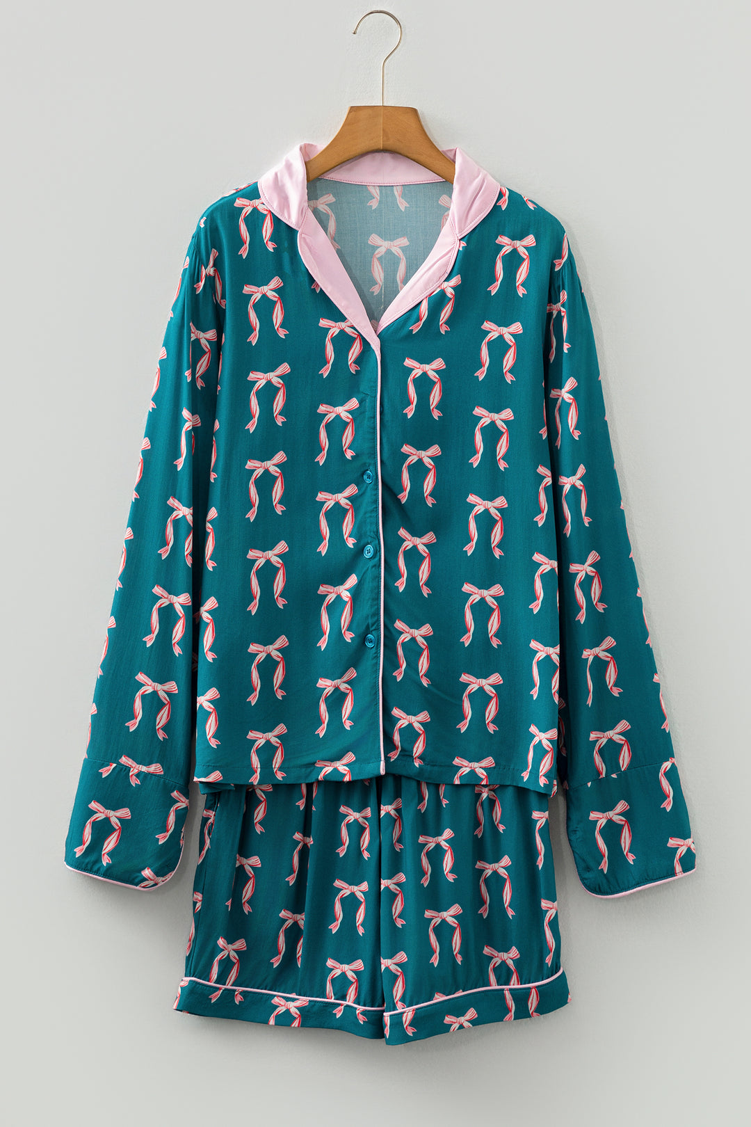 Green Ribbon Bow Print Silky Long Sleeve Shirt and Shorts 2pcs Pajama Set