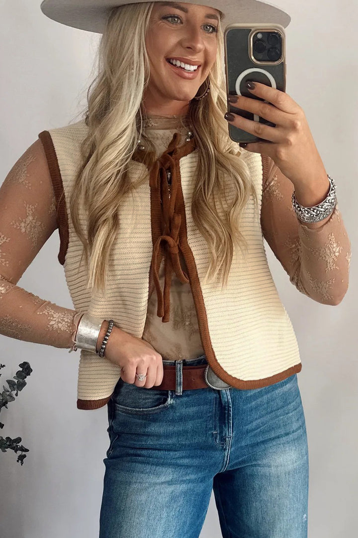 White Horizontal Ribbed Knit Contrast Trim Ties Front Sweater Vest