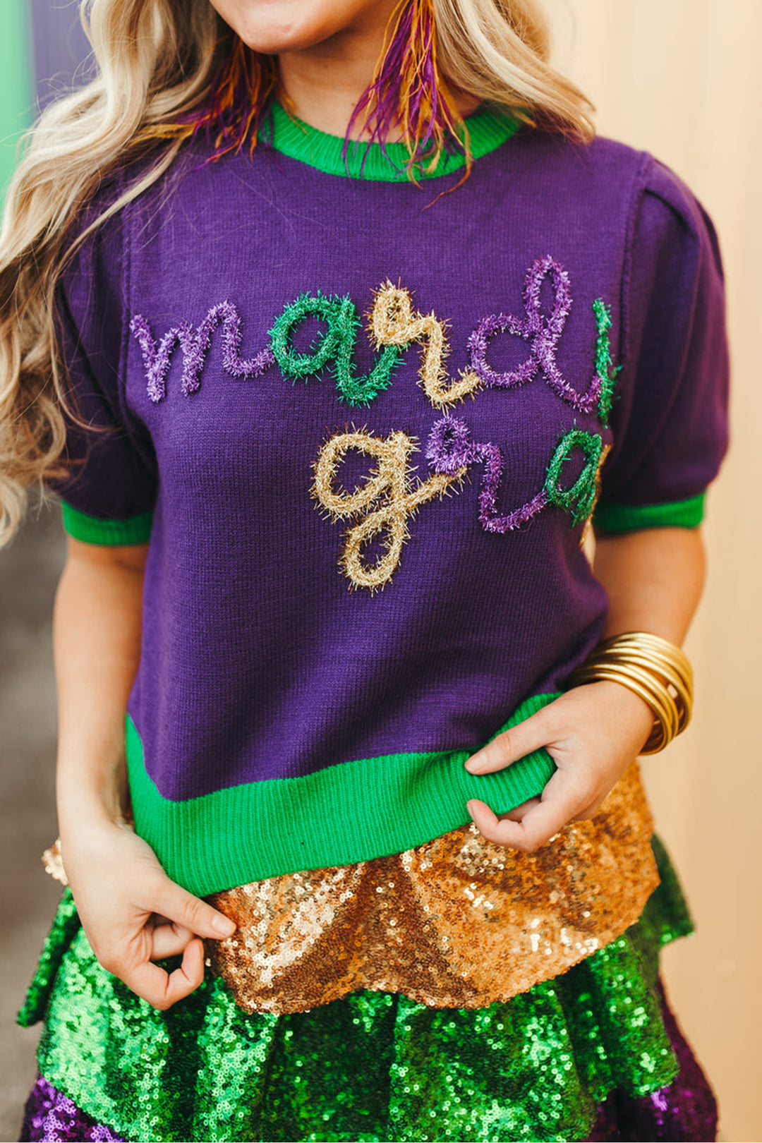 Tillandsia Purple Mardi Gras Tinsel Graphic Short Sleeve Sweater