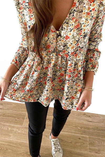 Khaki V Neck Ruffled Babydoll Floral Blouse