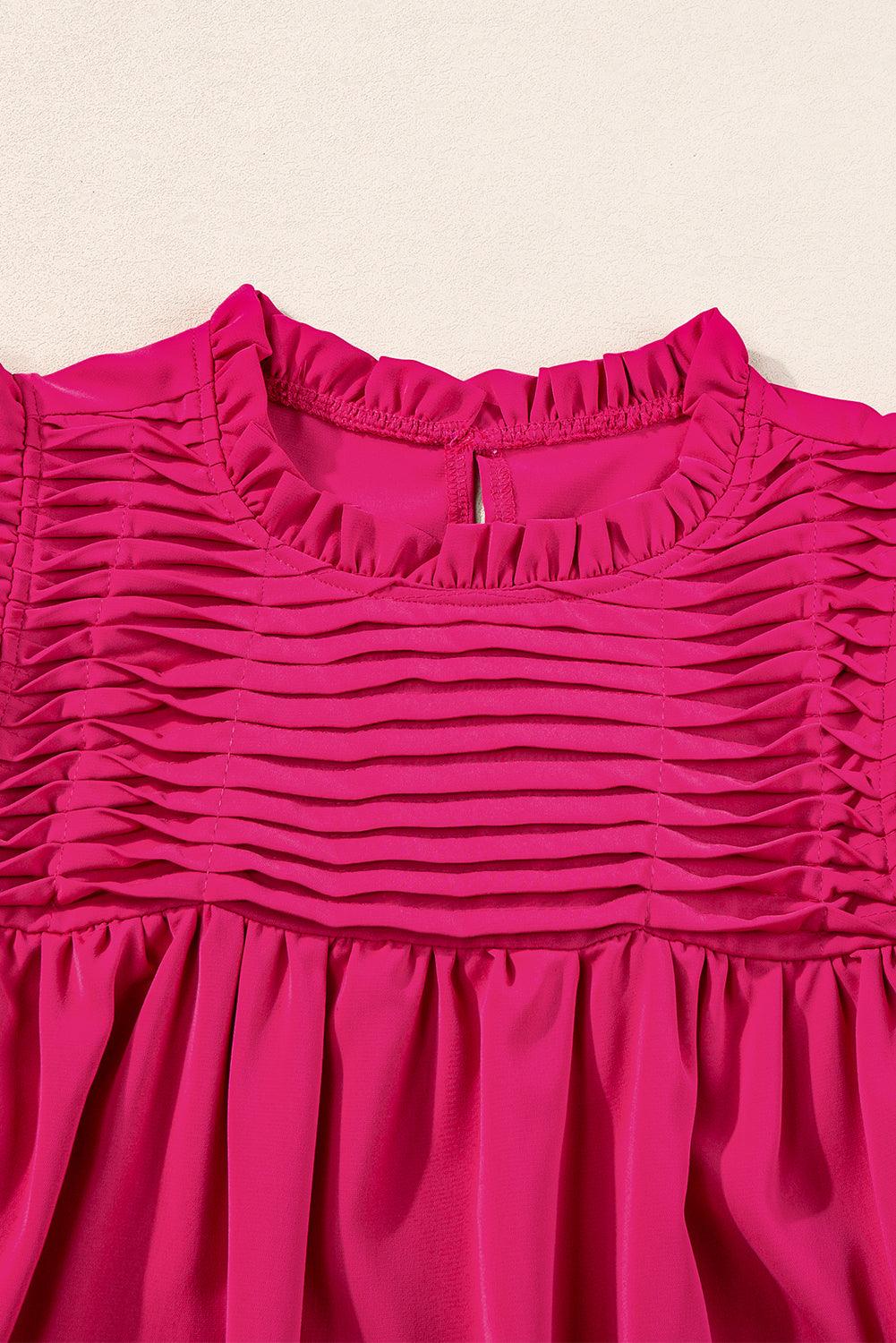 Rose Red Smocked Ruffle Sleeve Blouse