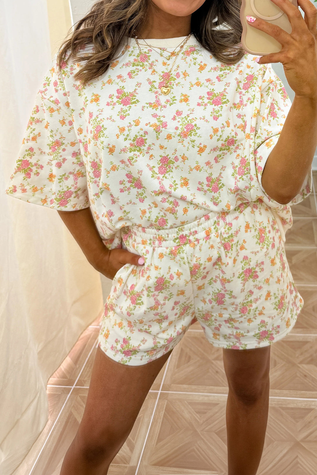 Sky Blue Floral Print Short Sleeve Elastic Waist Pocket Casual Two Piece Short Sets