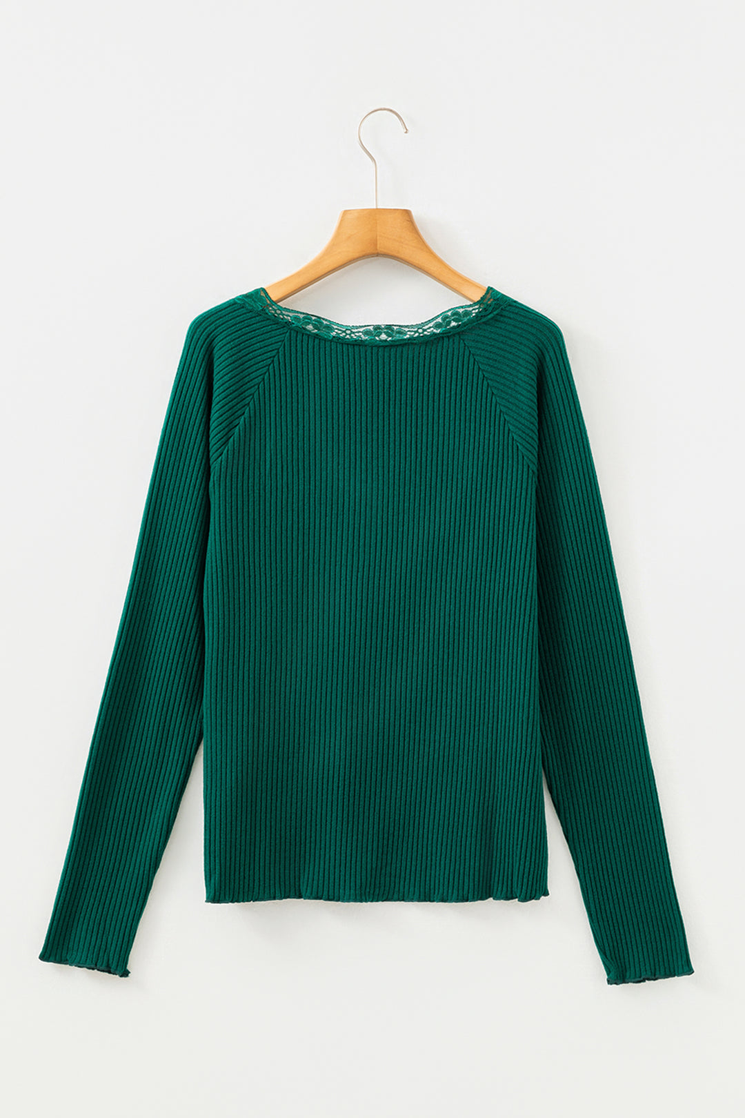 Skobeloff Lace Neckline Button Decor Lettuce Edge Long Sleeve Ribbed Top