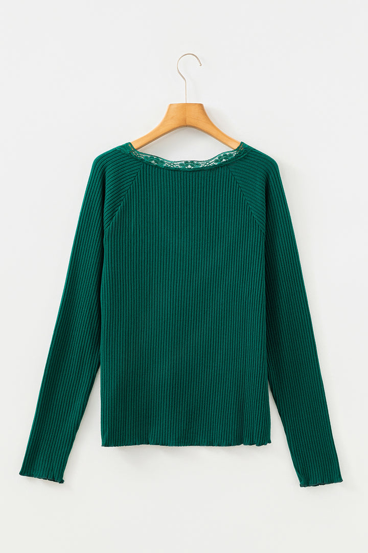 Skobeloff Lace Neckline Button Decor Lettuce Edge Long Sleeve Ribbed Top