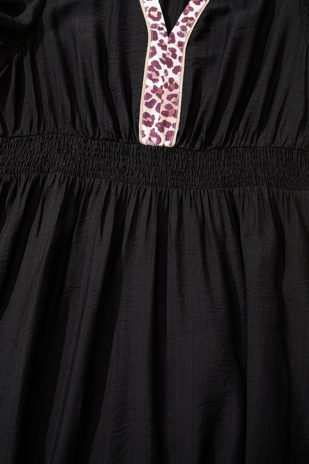 Black Leopard V Neck Patchwork Smocked Waist Plus Size Ruffled Dress