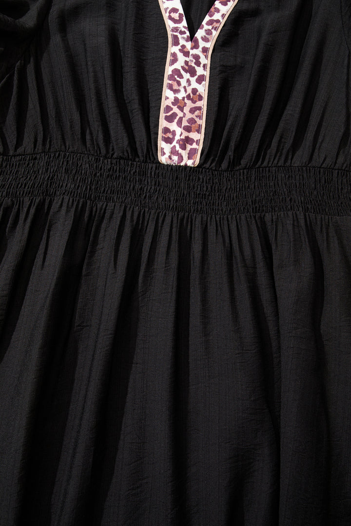 Black Leopard V Neck Patchwork Smocked Waist Plus Size Ruffled Dress