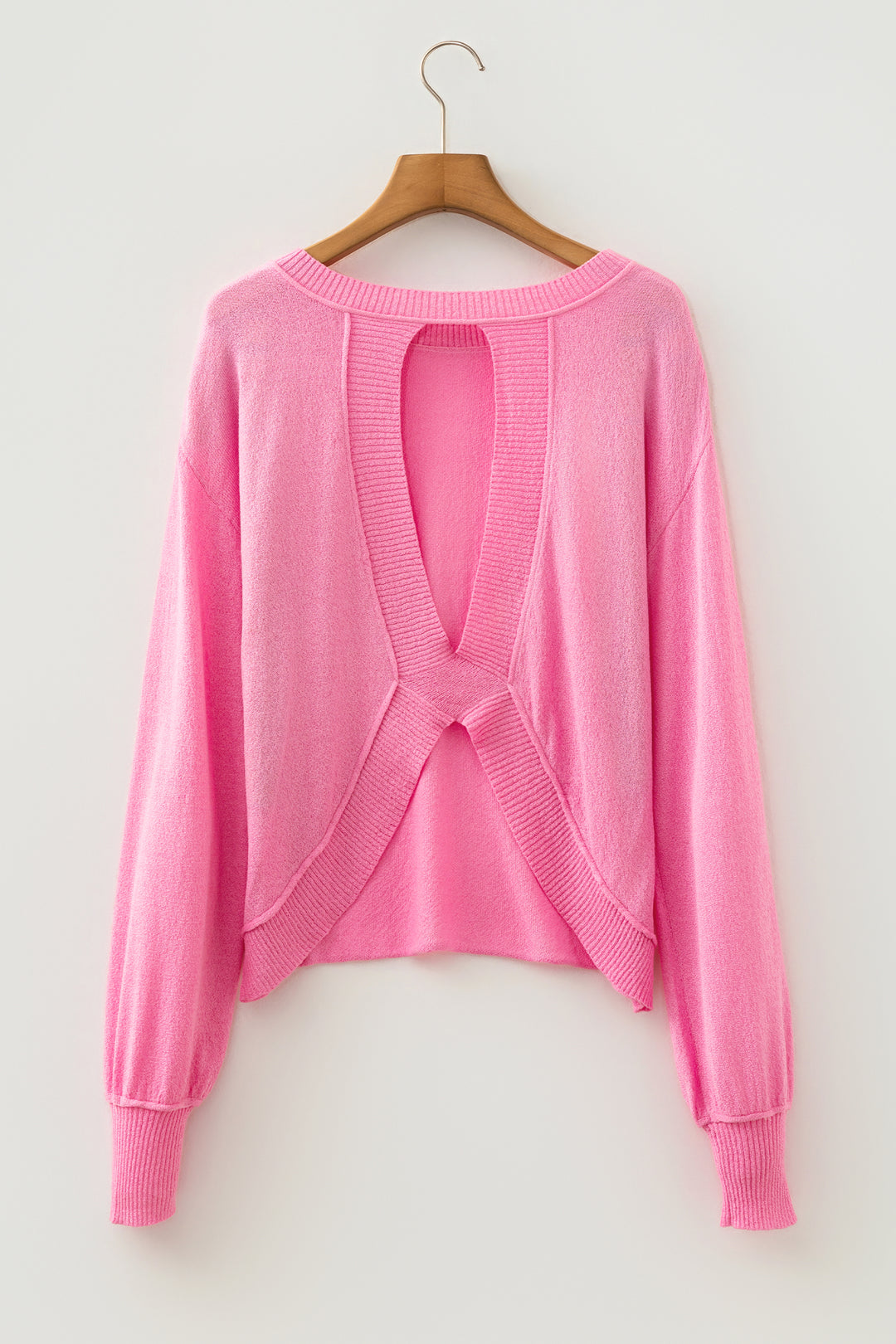 Pink Drop Shoulder Round Neck Long Sleeve Backless Pullover Sweater