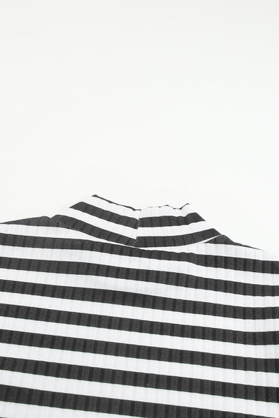 Black Striped Print Textured Knit Long Sleeve Tee