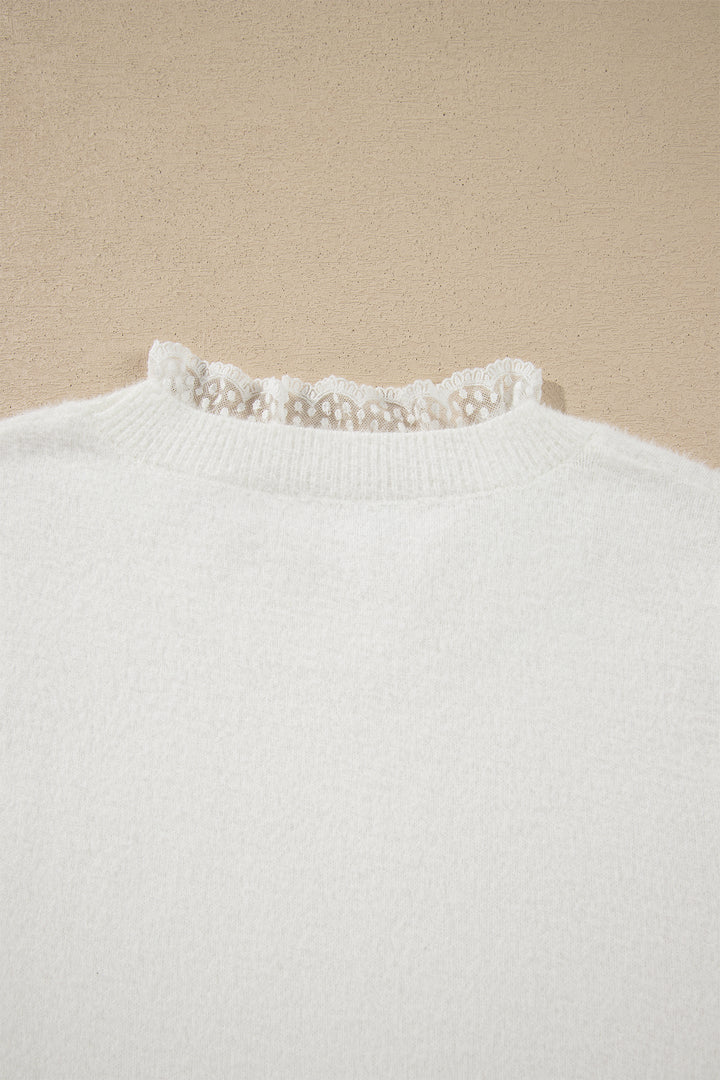 White Lace Trim Neck Cuff Patchwork Long Sleeve Pullover Sweater