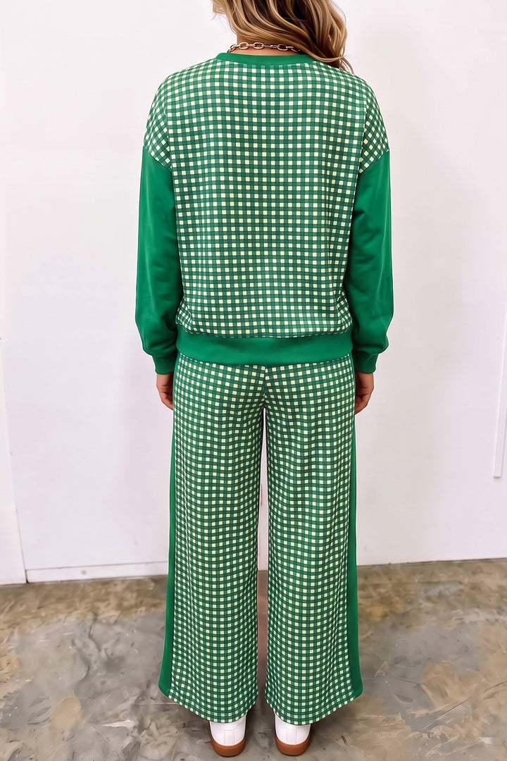 Red Color Block Plaid Patchwork Long Sleeve Pullover Wide Leg Pant Set