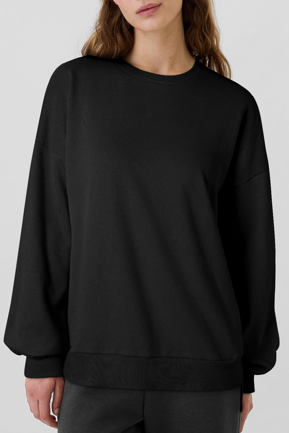 Black Solid Fleece Lined Drop Shoulder High Low Sweatshirt