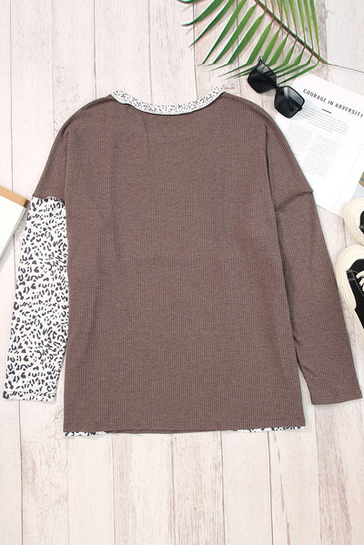 Leopard Colorblock Textured Knit Patchwork Top