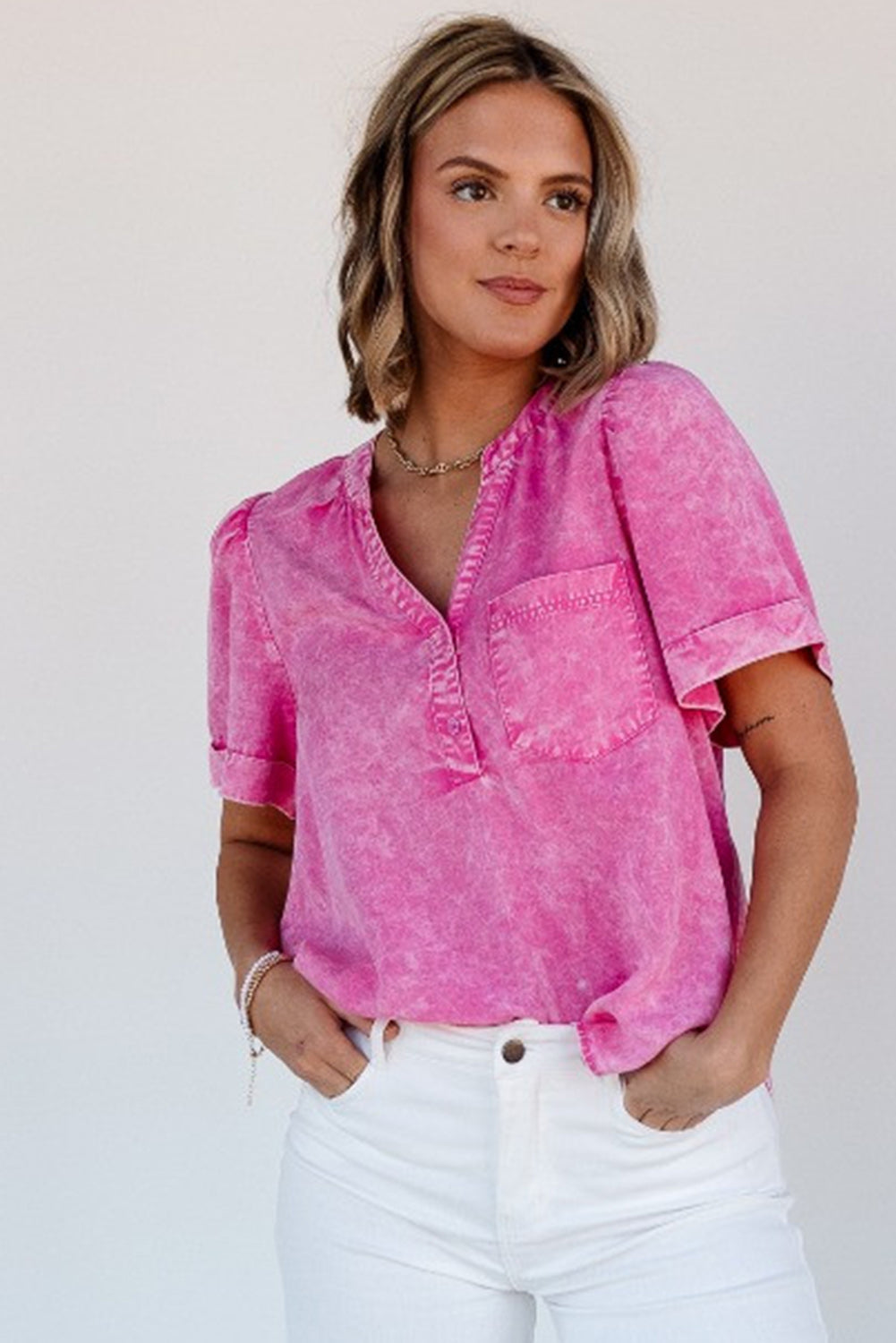 Bright Pink Mineral Wash Split Neck Pocket Patched Denim Top