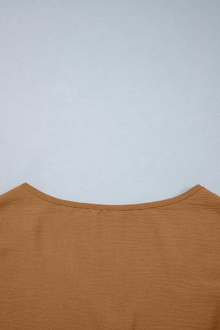 Brown V Neck Glitter Trim Patchwork Button-Front Blouse
