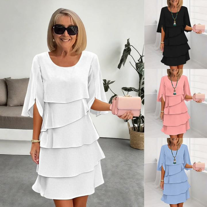 Patchwork Cake Midi Dress – Round Neck Short Sleeve Tiered Skirt