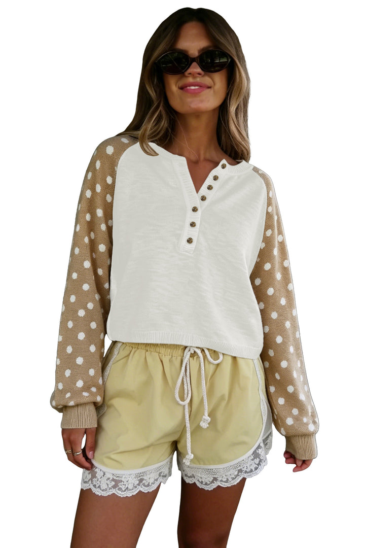Khaki Polka Dot Contrast Long Sleeve Button V Neck Sweater
