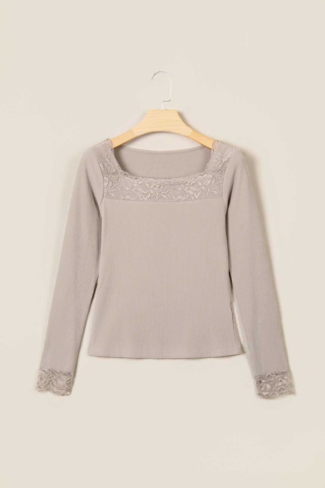DUNE Solid Color Ribbed Lace Neck Long Sleeve Top