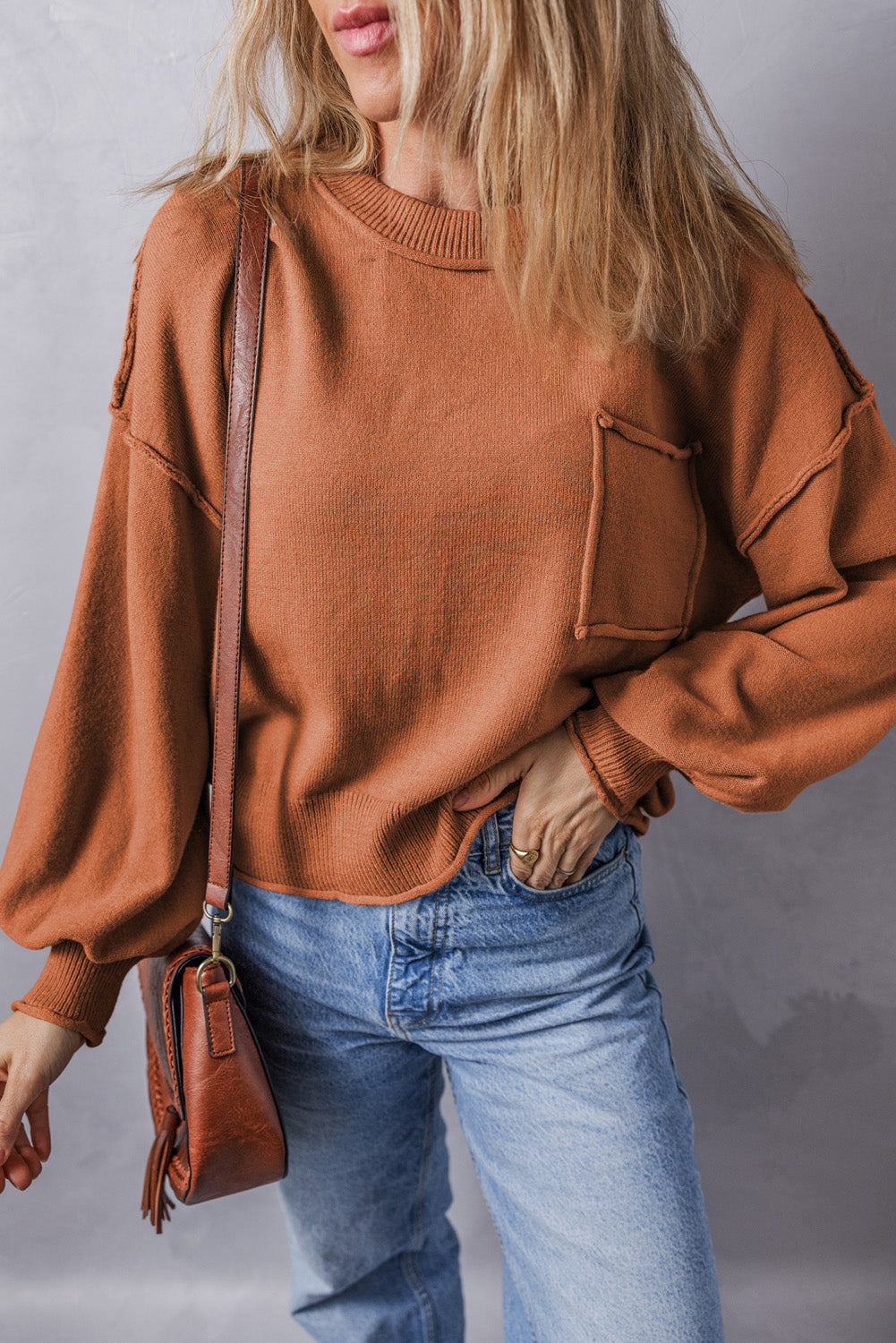 Apricot Raw Edge Patch Pocket Exposed Seam Loose Sweater