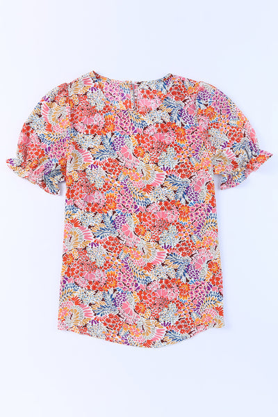 Multicolor Mix Floral Pattern Bubble Sleeve Blouse