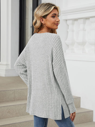 Ribbed Round Neck Long Sleeve T-Shirt