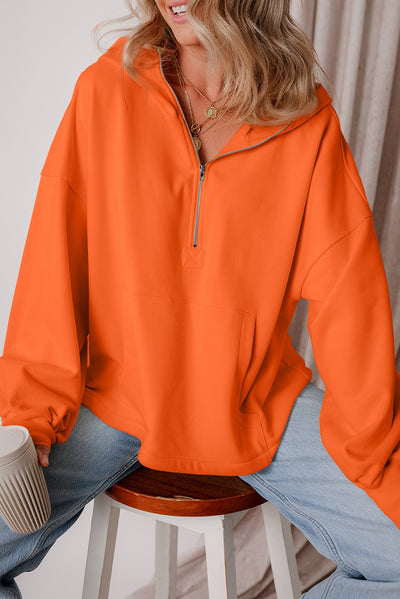 Orange Fleece Lined Half Zipper Kangaroo Pockets Loose Hoodie