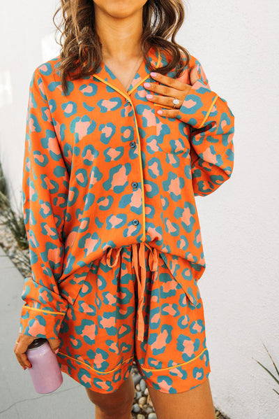 Orange Leopard Print Long Sleeve Shirt and Shorts Pajama Set