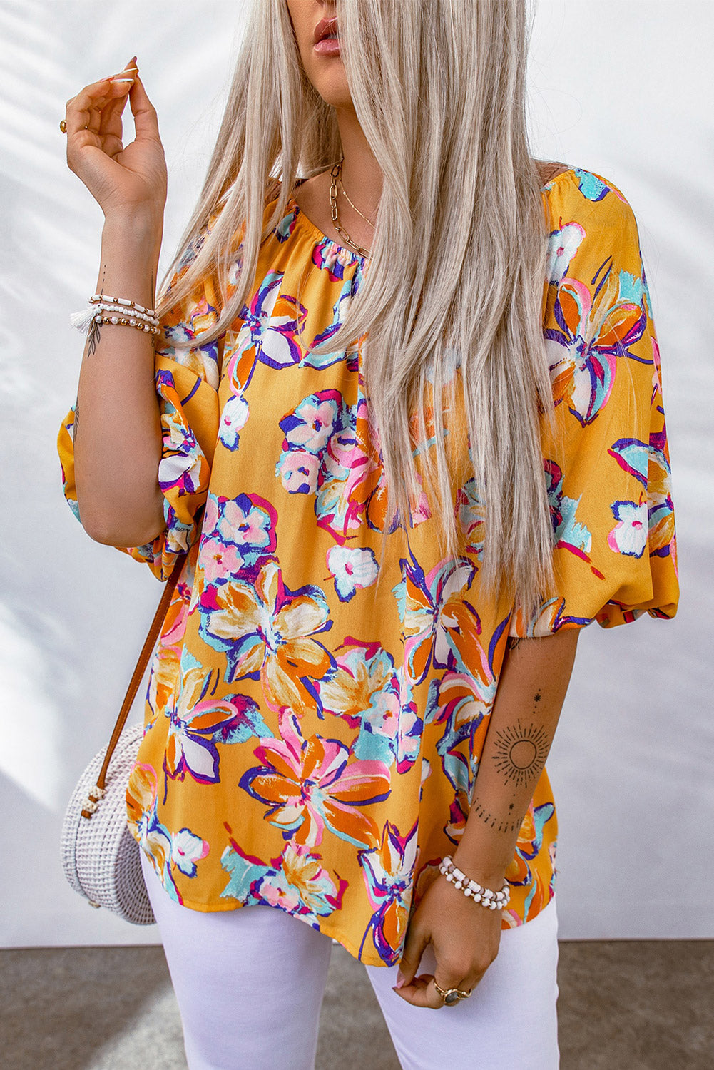 Yellow Floral Print Elastic Neckline Blouse