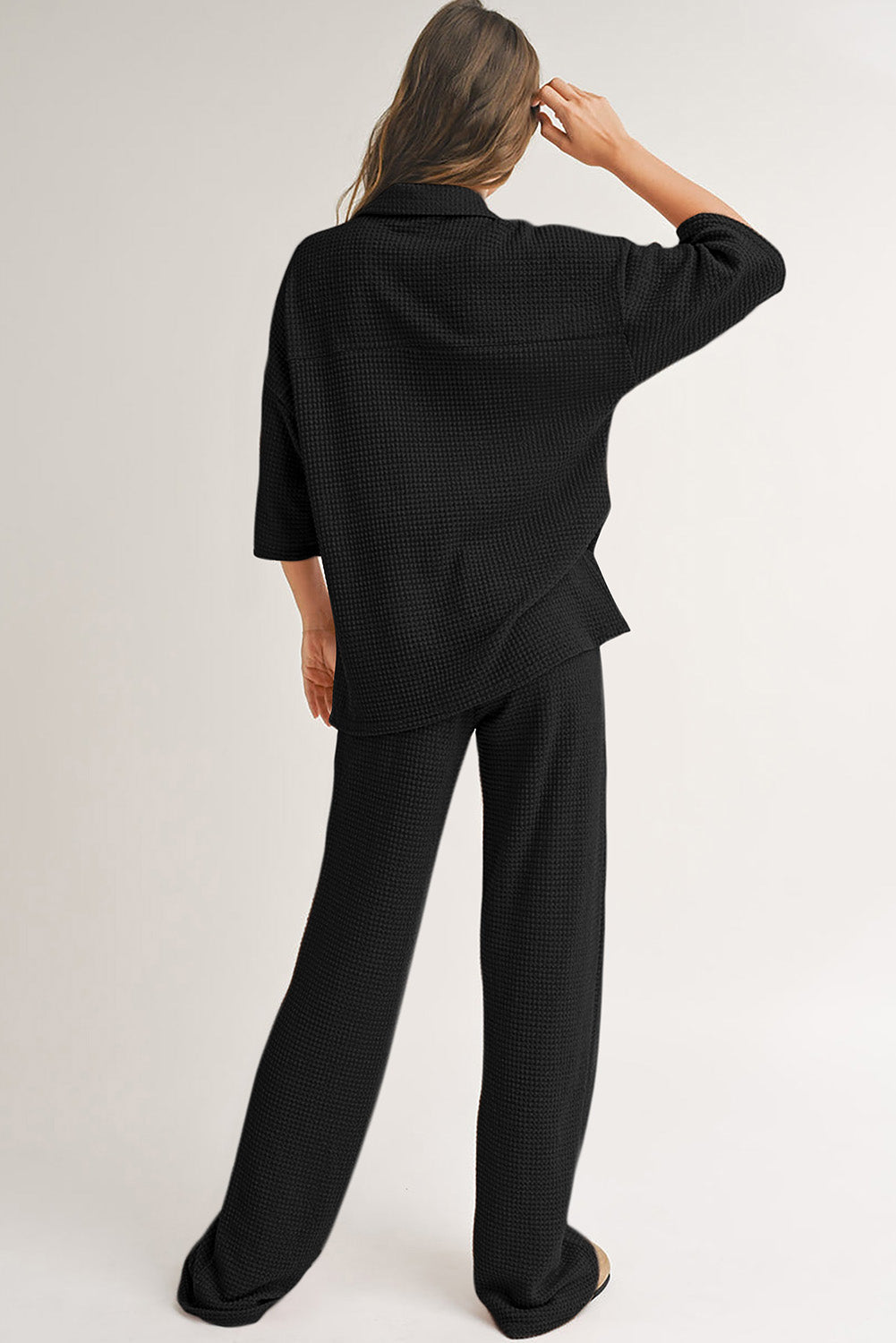 Rose Red Solid Color Textured Buttoned Shirt and Casual Pants Set