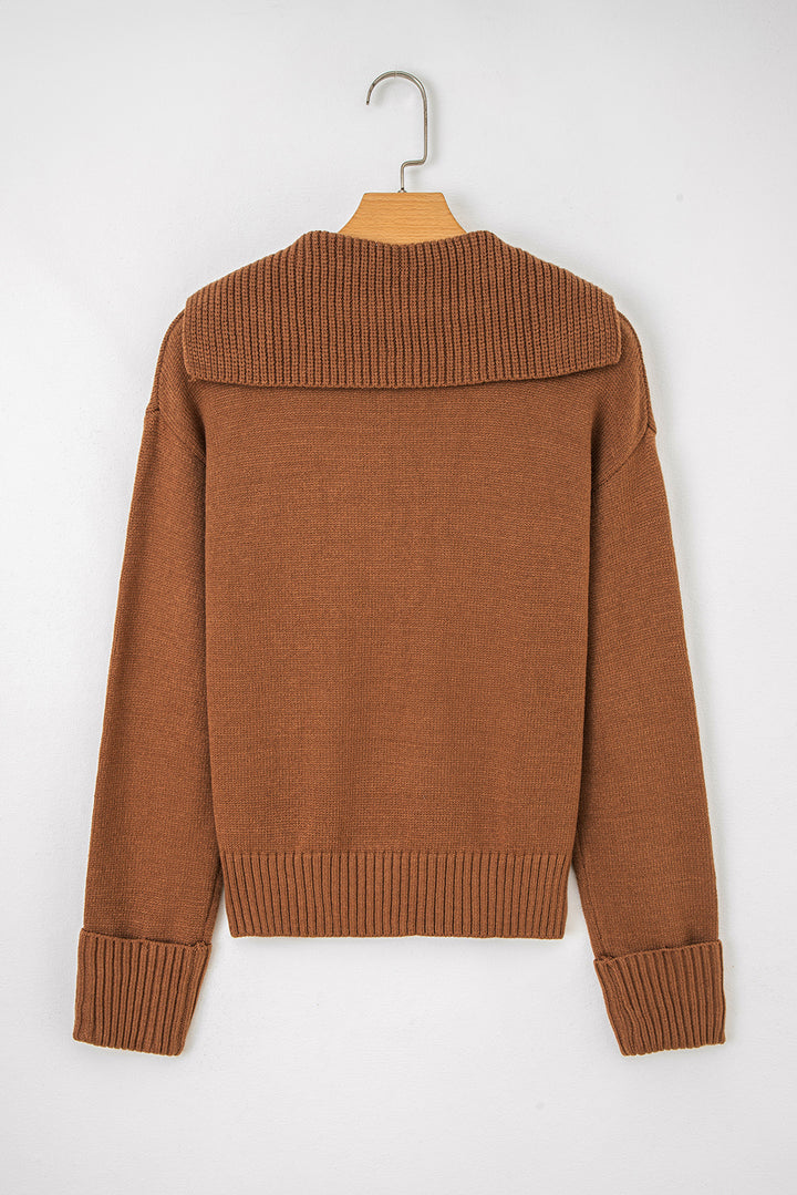 Chestnut Collared V Neck Ribbed Edge Sexy Elegant Sweater