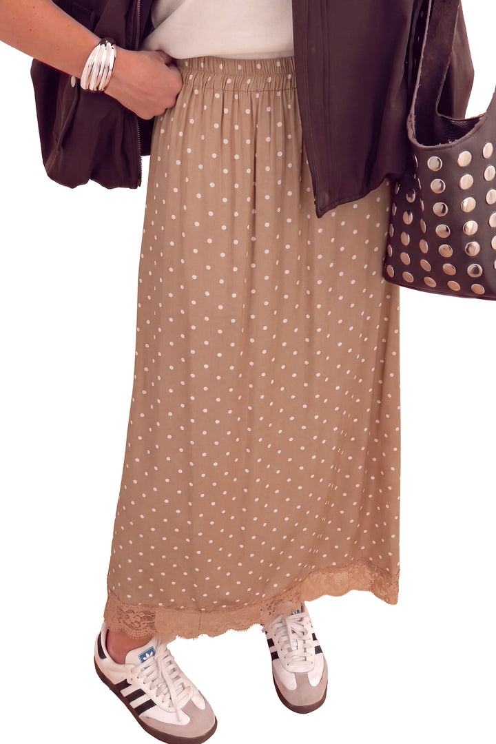 Brown Polka Dot Lace Hem Elegant Long Shift Skirt