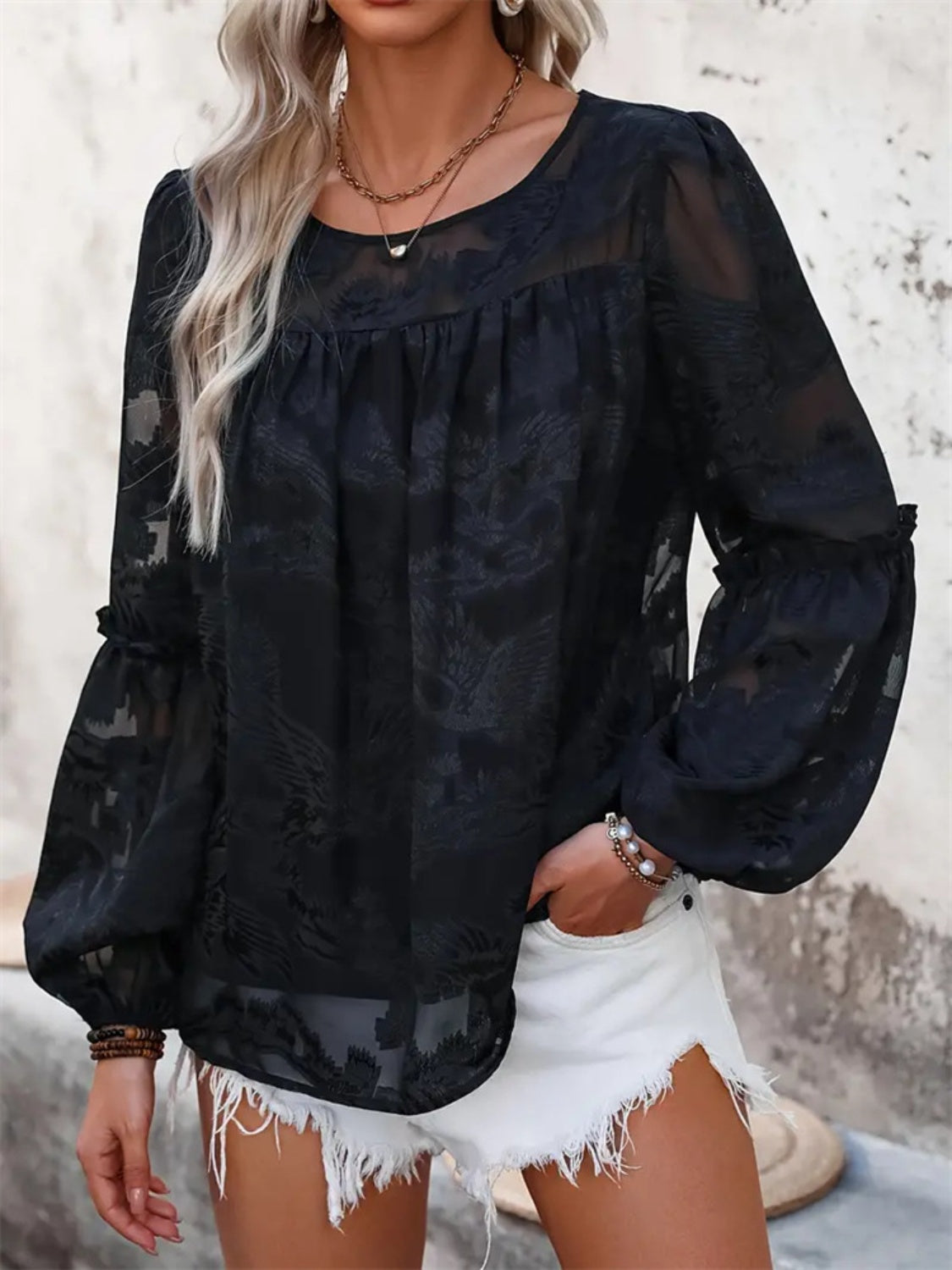 Round Neck Balloon Sleeve Blouse