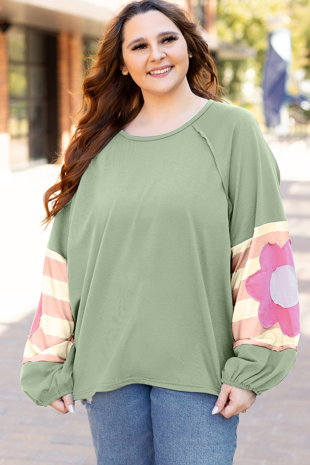 Smoke Green Flower Patchwork Raglan Sleeve Exposed Seam Oversized Top