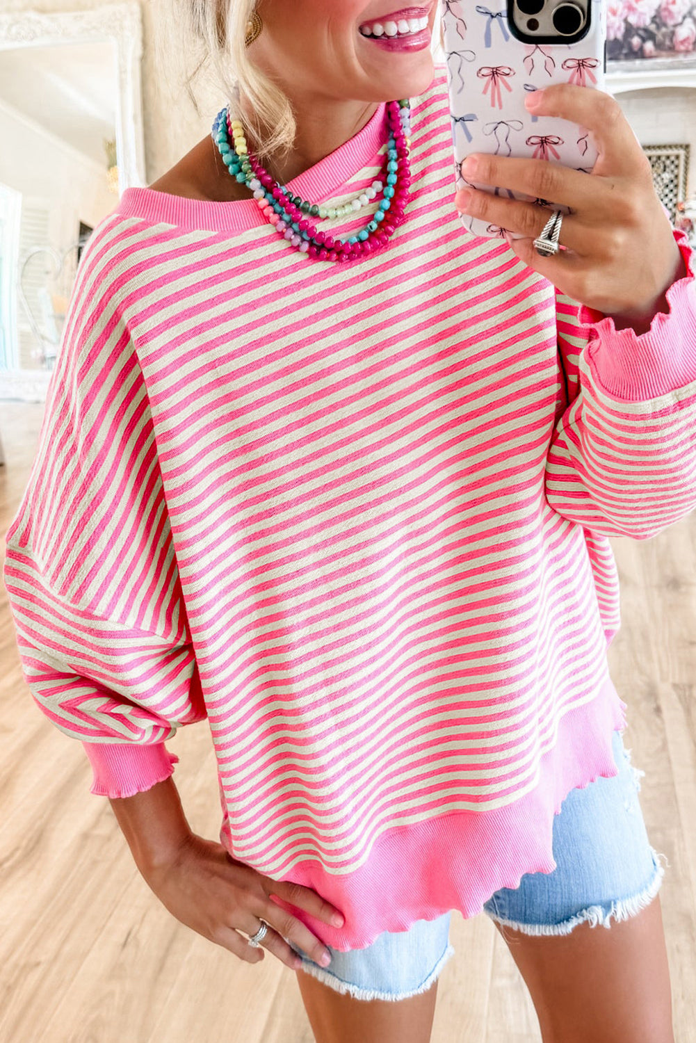 Pink Stripe Loose Drop Shoulder Long Sleeve Top