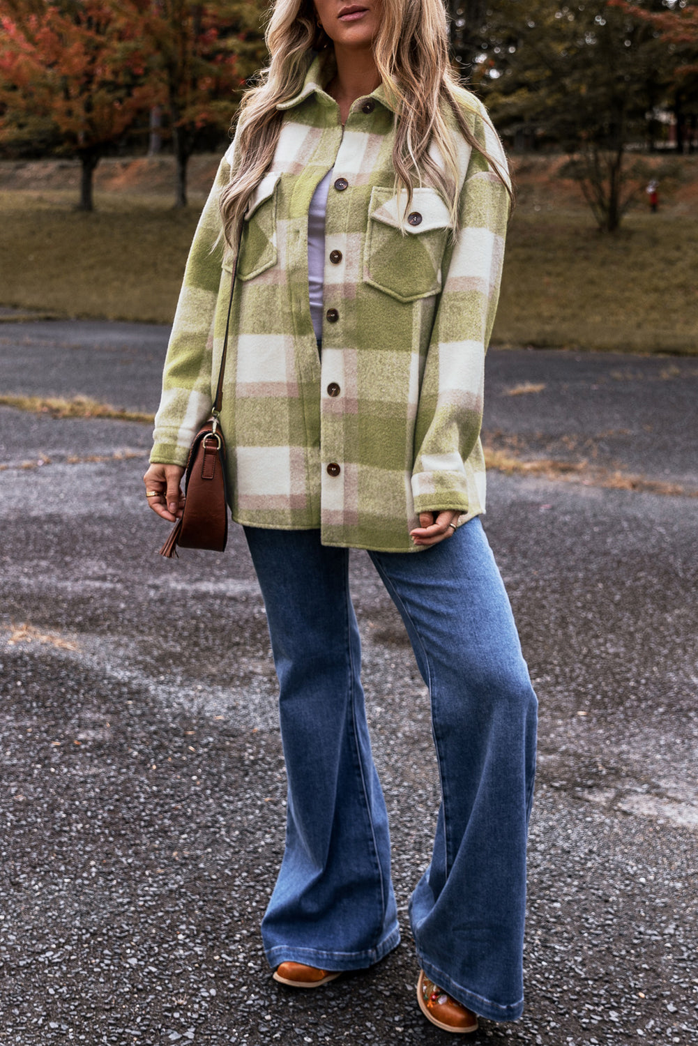 Sage Green Plaid Print Buttoned Flap Pockets Baggy Shacket