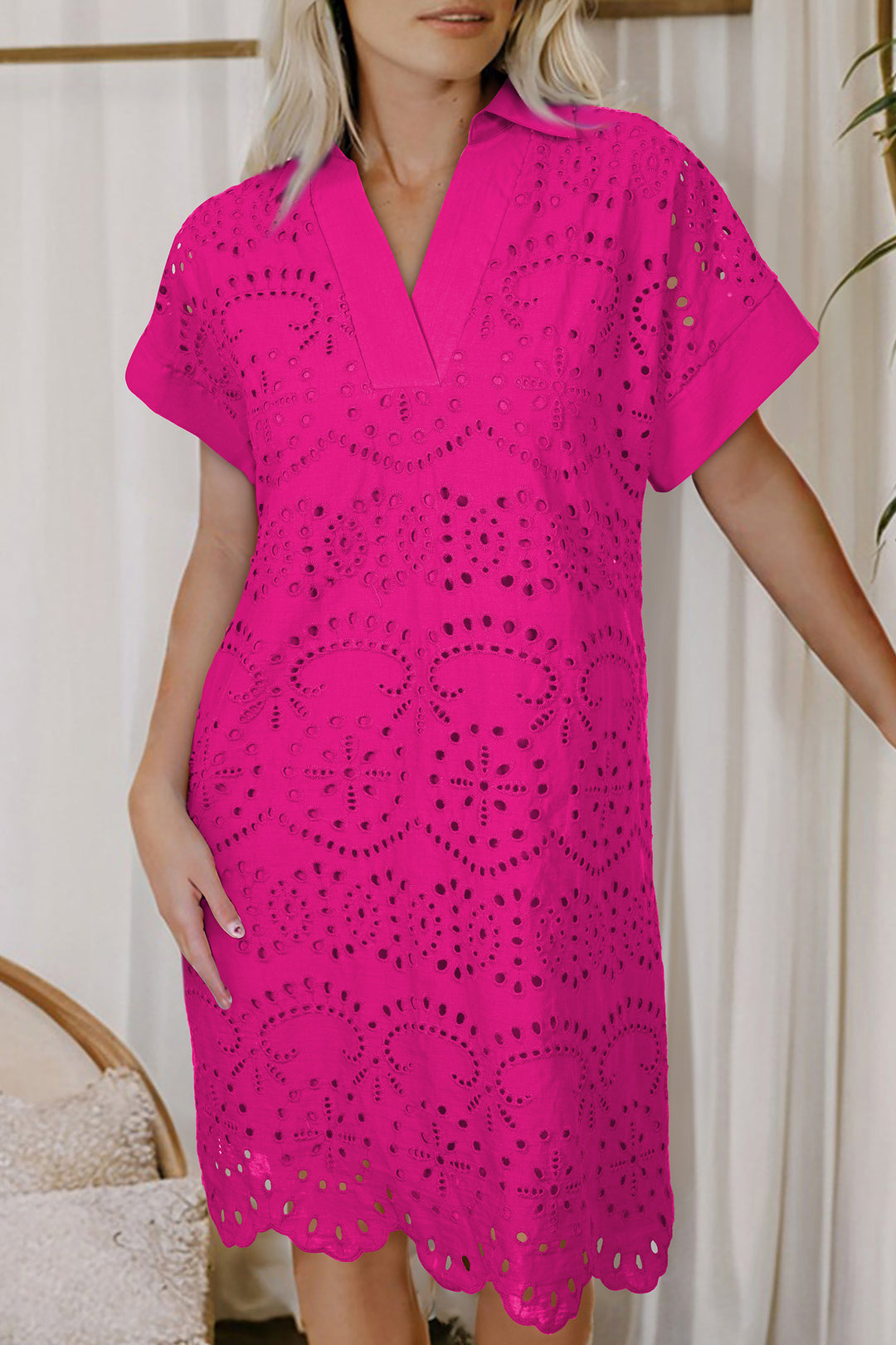 Dark Blue Solid Color Eyelet Embroidered T Shirt Mini Dress