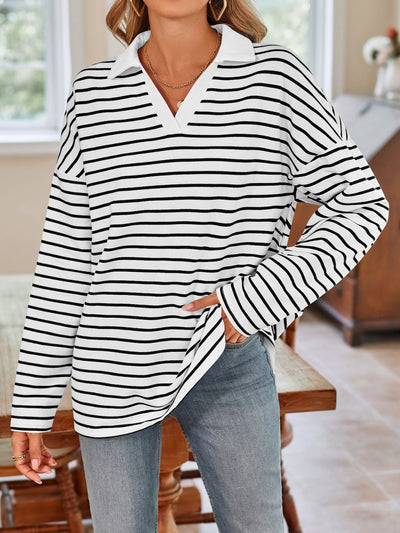 Lovelet Striped Johnny Collar Long Sleeve T-Shirt