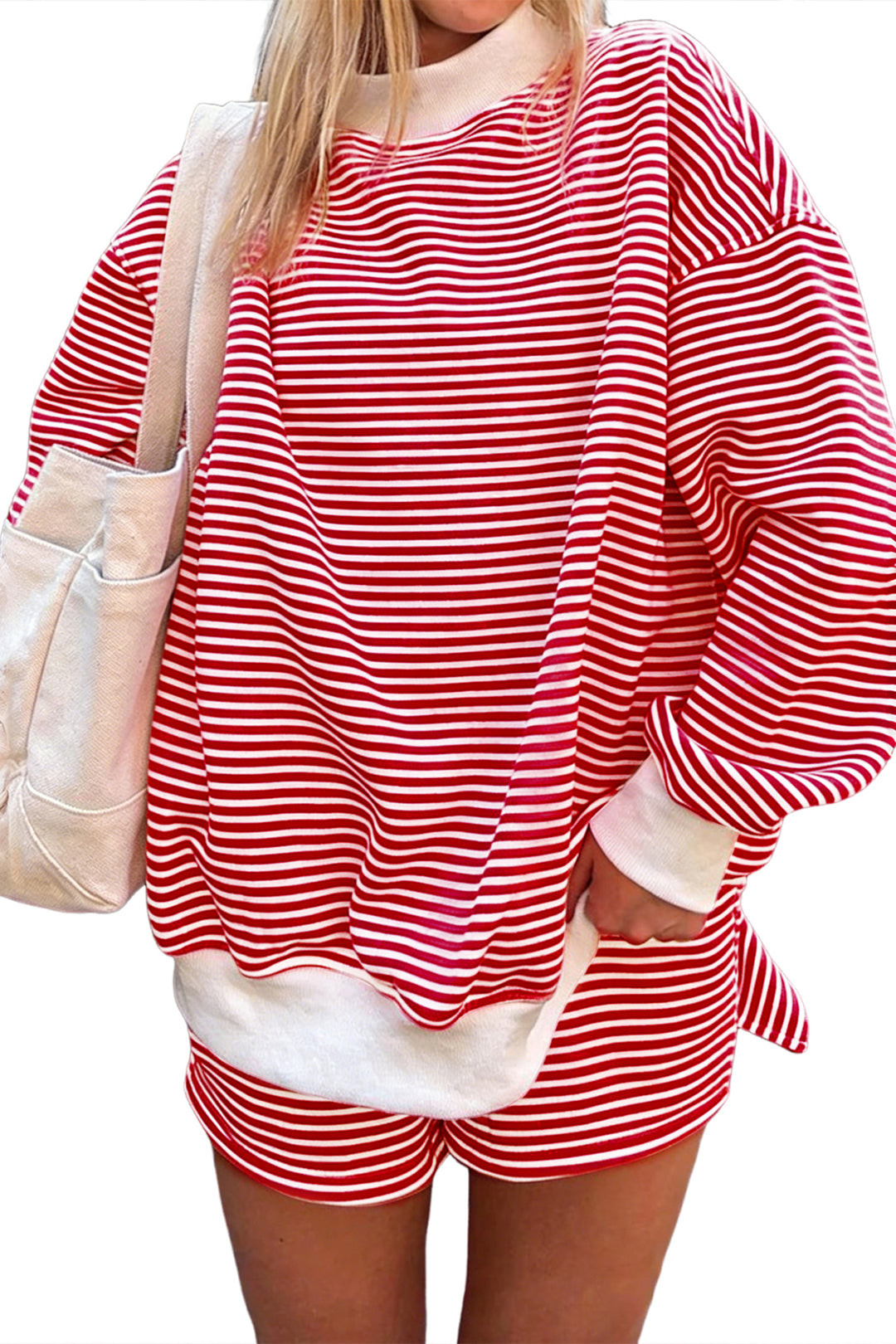 Sky Blue Stripe Oversize Mock Neck Sweatshirt and Shorts Set