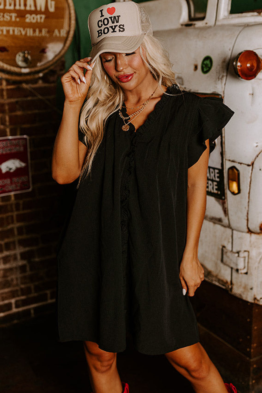 Black Ruffle Sleeve V Neck Frilled Shift Dress