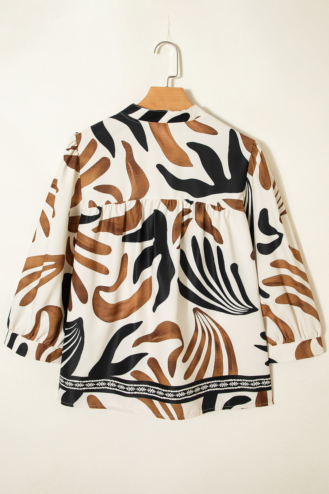 Brown Abstract Print Puff Sleeve Loose Blouse