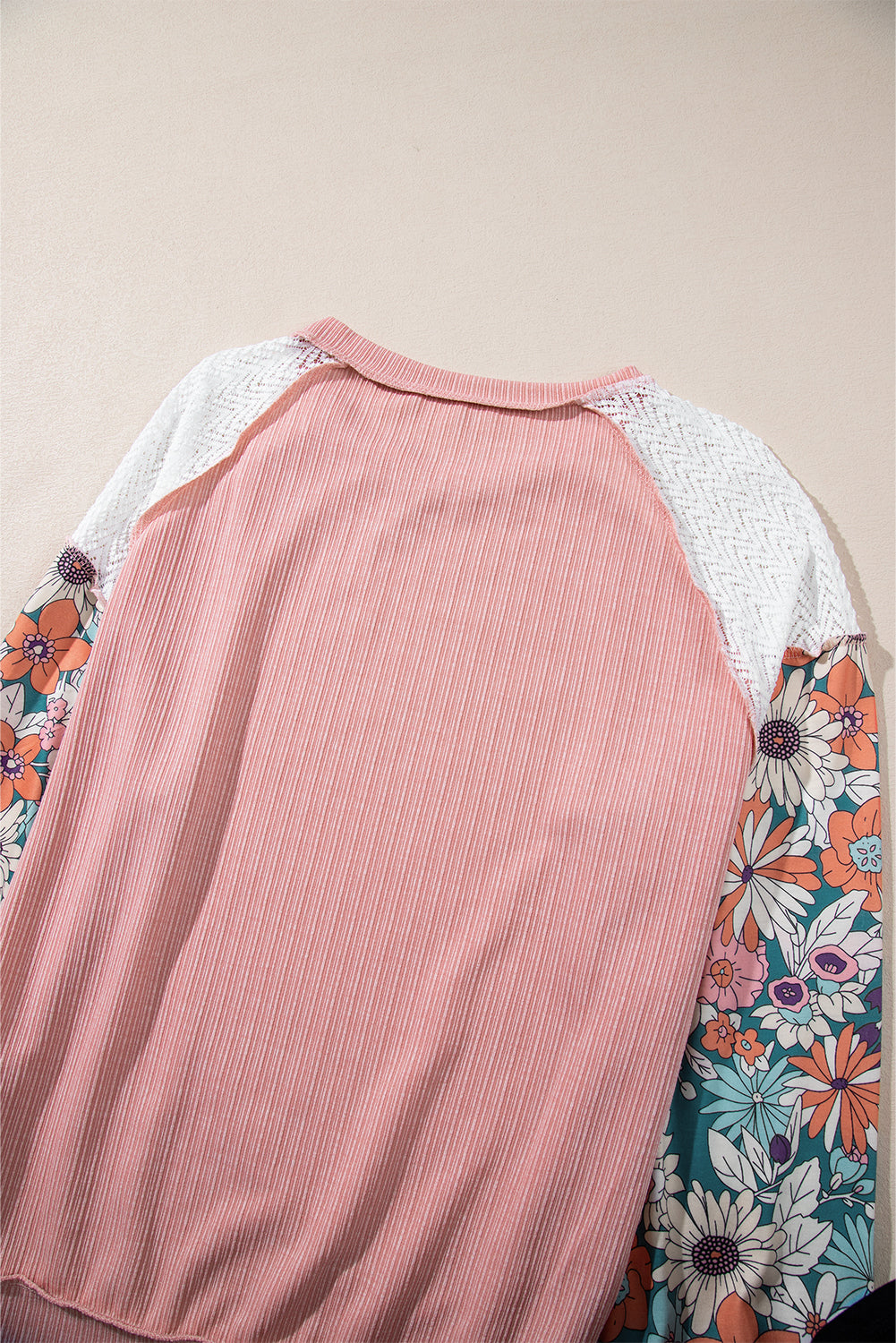 Rose Pink Floral Patchwork Puff Sleeve Textured Blouse