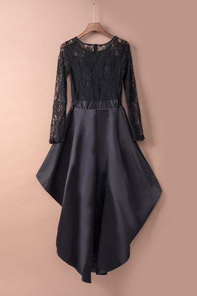 Black Long Sleeve Lace High Low Satin Prom Dress